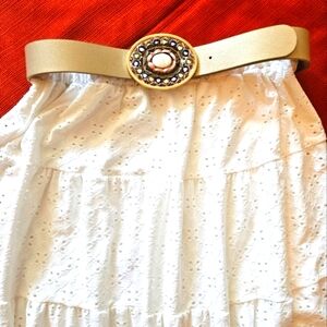 Chico's Leather Belt Bohemian Novelty Gold Tone Leather Embellished Brass Buckle